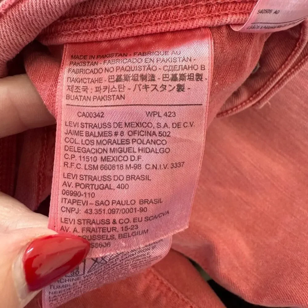 LEVI’S 511 Skinny Jeans Pink Red Denim Mid Rise Stretch Size 30x32‎ Cotton Blend